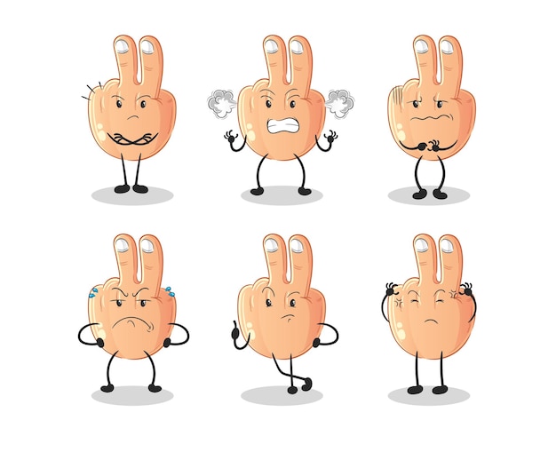 Peace finger angry group character cartoon mascot vector