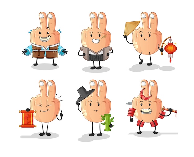 Peace finger asian culture set  cartoon mascot vector