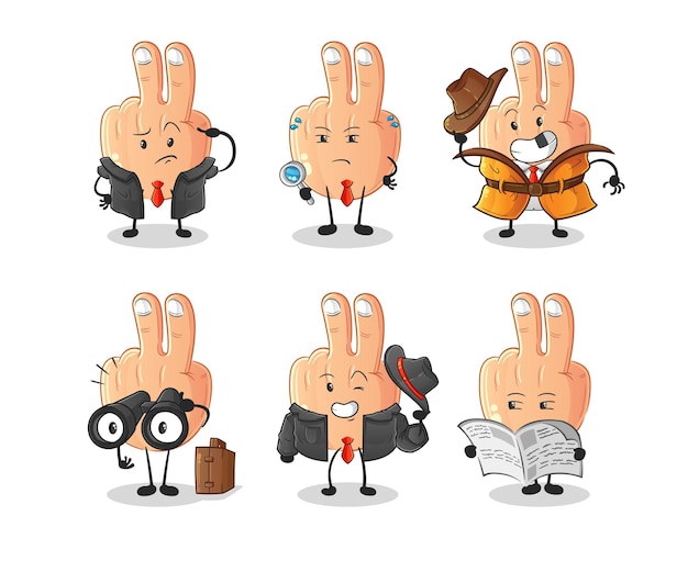 Peace finger detective group character cartoon mascot vector