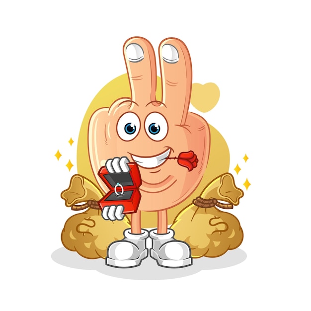 Peace finger propose with ring cartoon mascot vector