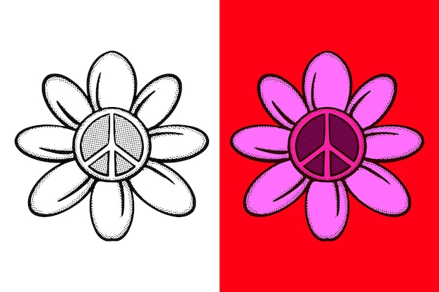 Peace flower symbol icon Illustration hand drawn cartoon vintage style vector