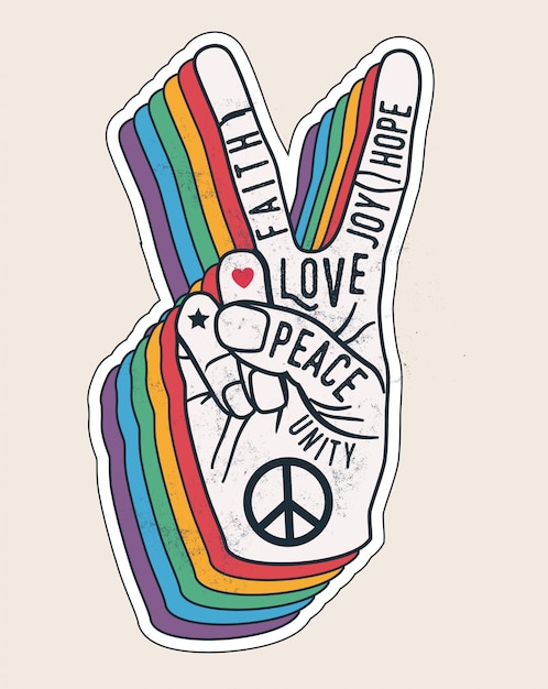 Peace hand gesture sign with words on it. Peace love sticker concept for posters or t-shirt design. Vintage styled illustration