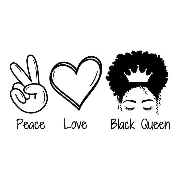 Peace Love Black Queen. Woman face with eyelashes and crown. Vector illustration.