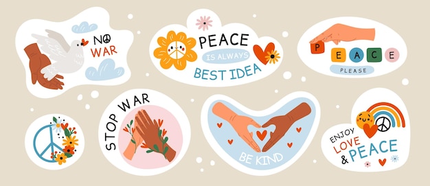 Vector peace and love emblems human hands with dove bird rainbow and heart pacifism phrases different skin colors arms hippie symbol stop war and freedom garish vector cute stickers set