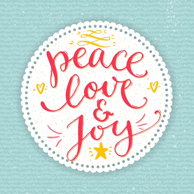 Peace, love and joy text. Christmas card with custom handwritten type, vector point pen calligraphy. Red phrase in round frame on blue knit texture background.