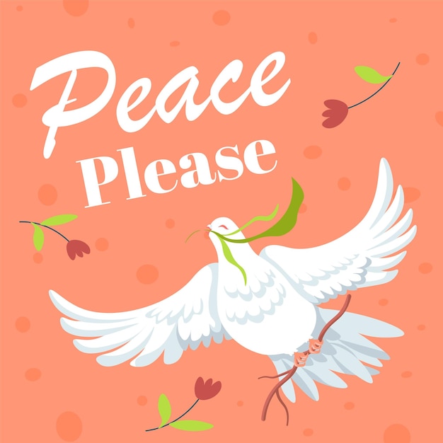 Peace please flying white dove with branch flower