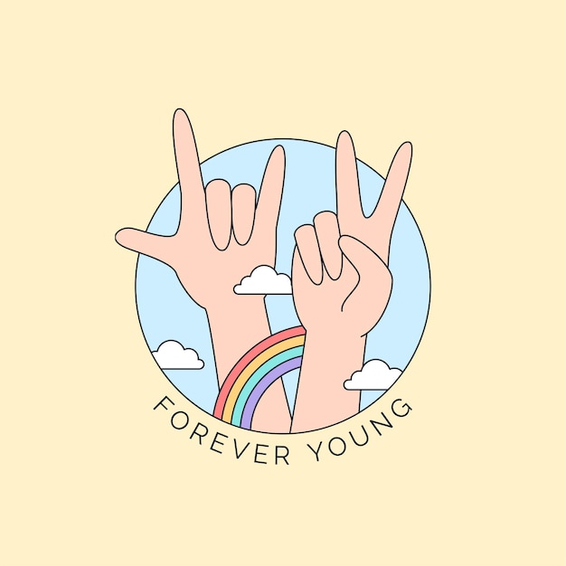 peace sign and metal hand with colorful rainbow and cloud illustration for happy youth day campaign