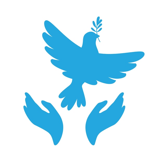 Peace symbol dove in hand silhouette set Flying bird pigeon icon with olive branch sign no war logo