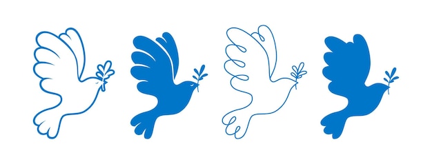 Peace symbol dove silhouette stamp doodle outline set no war concept Bird flying olive branch sign