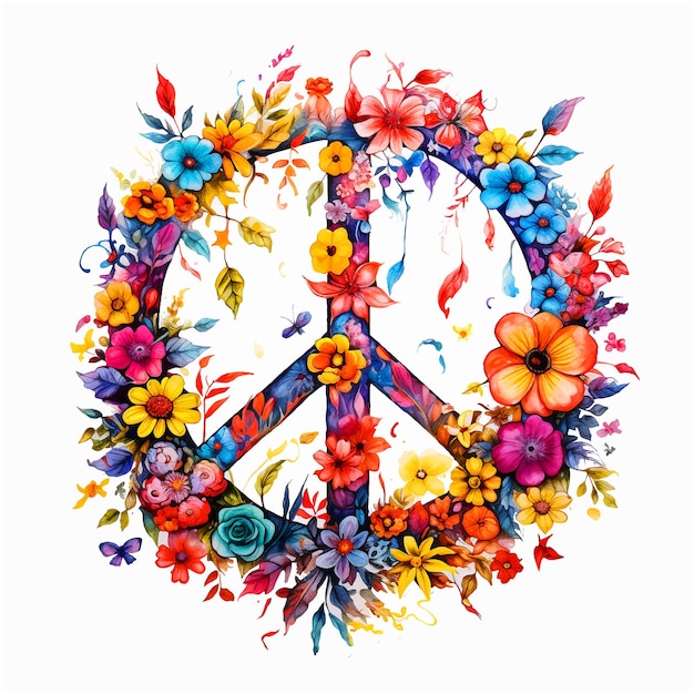 Vector peace symbol surrounded by flowers watercolor paint