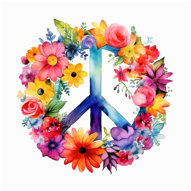 Vector peace symbol surrounded by flowers watercolor paint