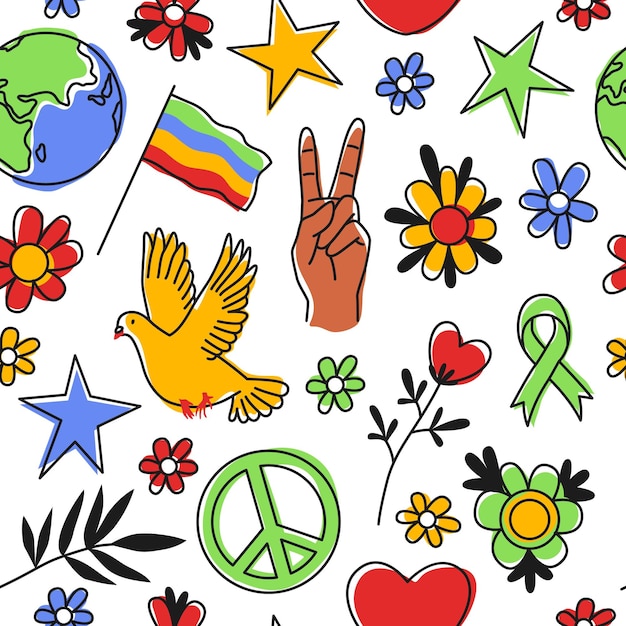 Peace symbols seamless pattern 60s hippie psychedelic wallpaper repeat love freedom and ecological elements stop war white background Decor textile wrapping paper vector print