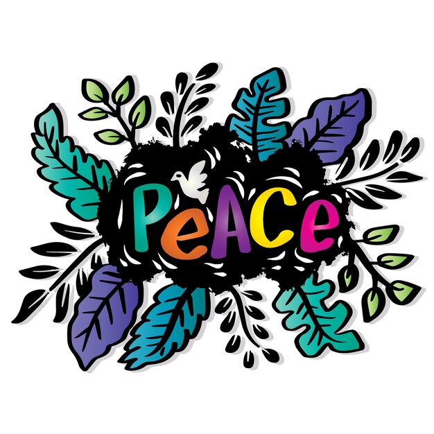 Vector peace text hand lettering with floral decoration slogan concept