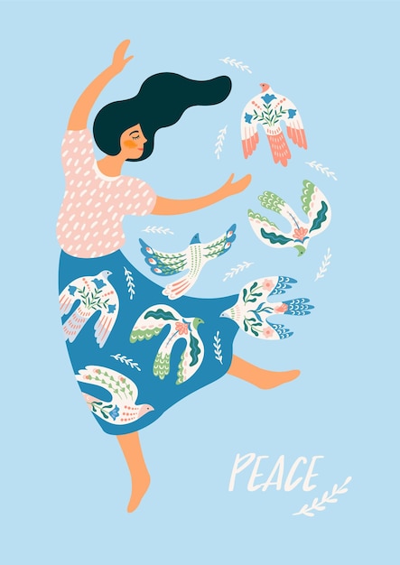 Peace Woman and dove of peace Vector illustration Elements for card poster flyer and other use