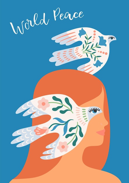 Peace Woman and dove of peace Vector illustration Elements for card poster flyer and other use