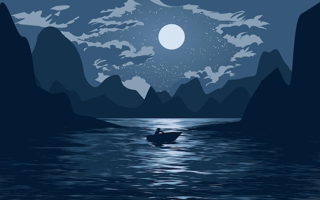 Peaceful calm night landscape over the river. Vector night scenery