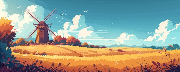 Vector a peaceful countryside scene with a rustic windmill and fields of wheat vector flat minimalistic isolated illustration