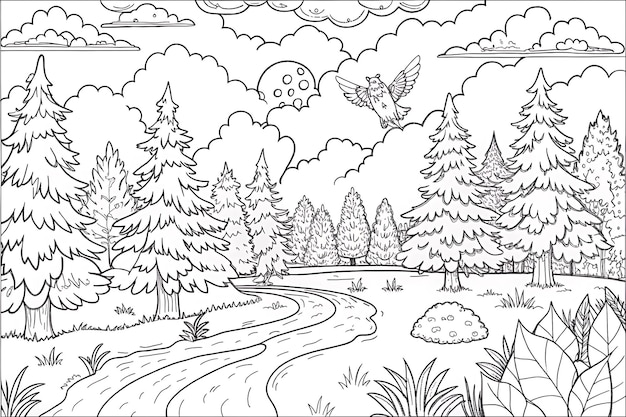 Vector peaceful forest landscape coloring page for kids and naturelovers activities