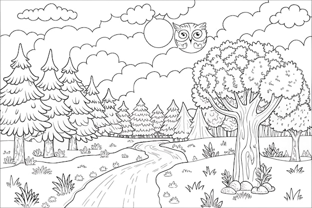 Vector peaceful forest landscape coloring page for kids and naturelovers activities