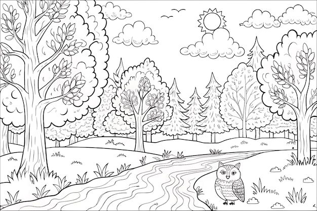 Vector peaceful forest landscape coloring page for kids and naturelovers activities