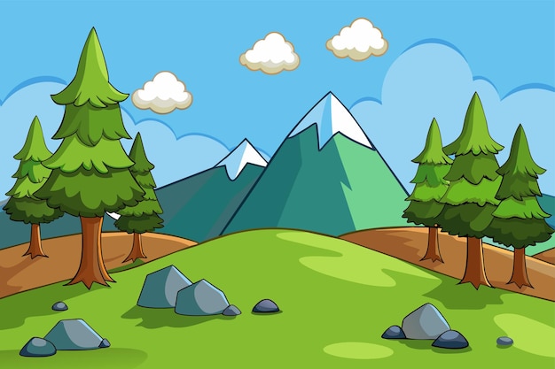 Vector peaceful hill and forest tree and mountains rock vector illustration