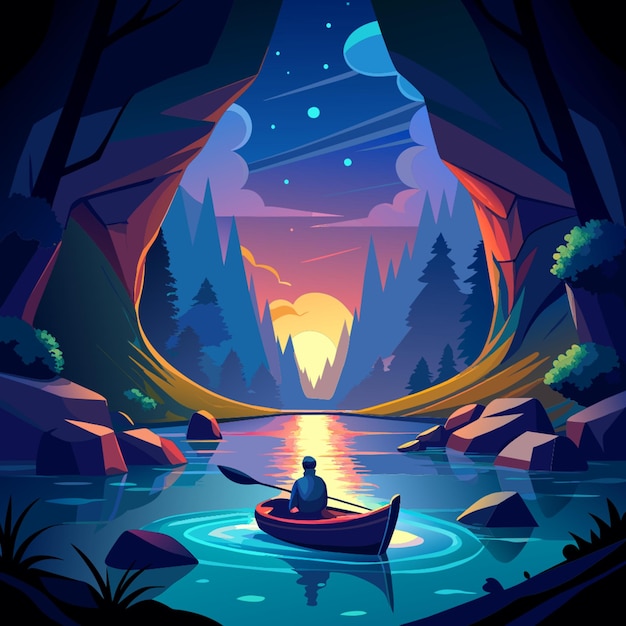 Vector a peaceful kayak trip through a glowing cave vector illustration