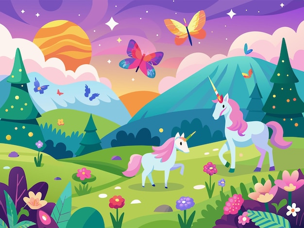 Peaceful meadow with grazing unicorns and shimmering butterflies Illustration