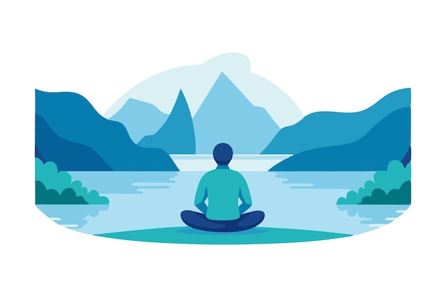 Vector peaceful meditation by the tranquil lake surrounded by majestic mountains