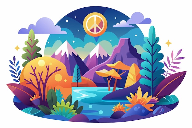 Peaceful Nighttime Mountain Landscape with Peace Symbol