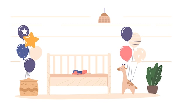 Vector peaceful precious newborn baby sleeps soundly in a cozy cradle in room decorated with balloons and toys child bringing joy and tender moments to the family cartoon people vector illustration