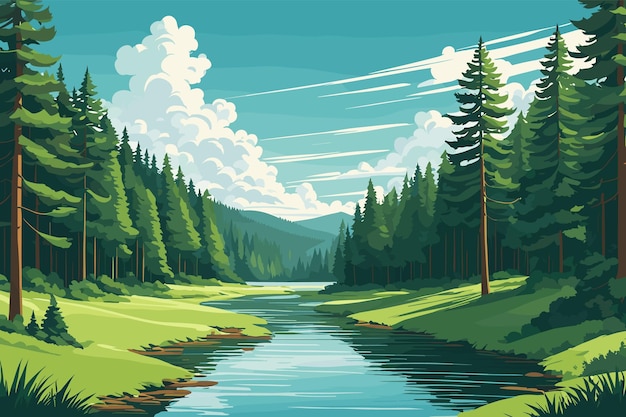 Peaceful River Flowing Through Dense Pine Forest