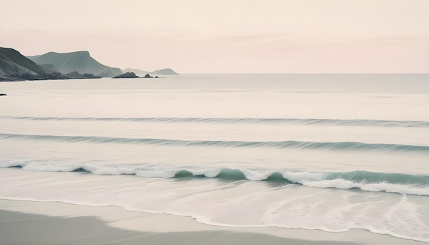 Vector a peaceful seascape with a long sandy beach waves rolling gently towards the shore and mountains in the distance the sky is a soft pink and the water is a light blue