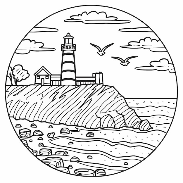 Peaceful seaside cliff with crashing waves coloring page