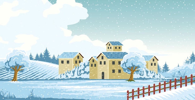 Vector a peaceful snowy village scene with frostkissed trees winter fields