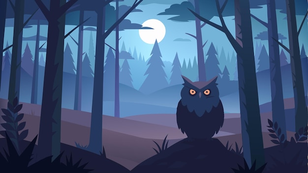 Vector the peaceful stillness of the foggy forest with only the occasional hoot of an owl breaking the silence