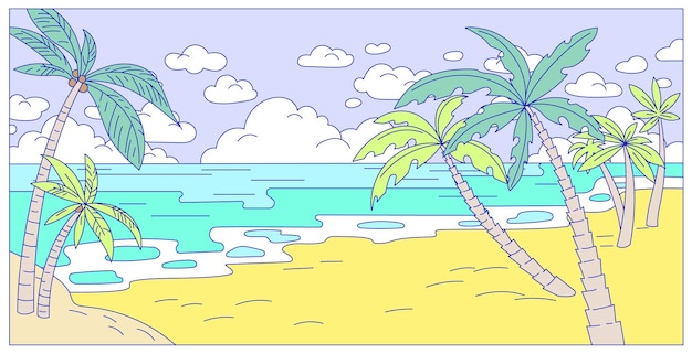 Peaceful tropical country landscape palm tree forest on ocean sand beach cartoon line vector