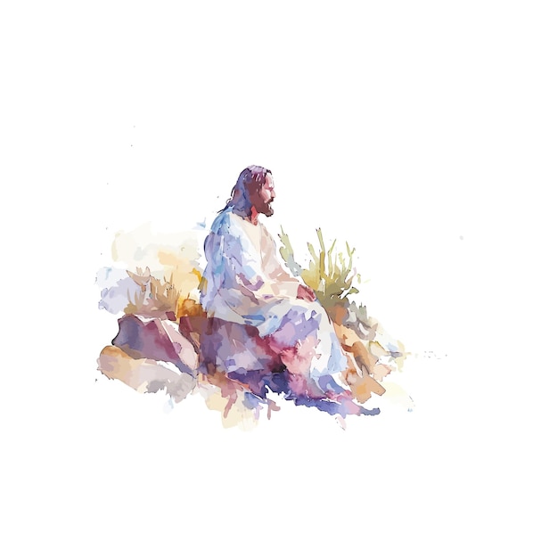 Vector peaceful watercolor of jesus sitting vector illustration design