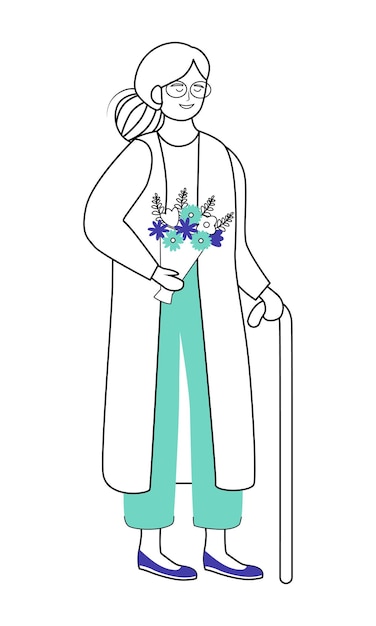 Peacefully smiling woman with cane for walking semi flat color vector character