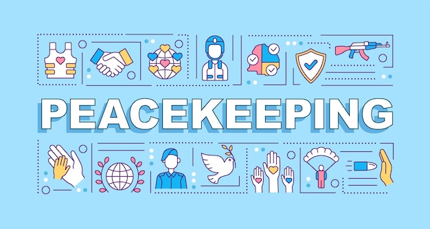 Peacekeeping word concepts blue banner Military intervention Peace enforcement Infographics with icons on color background Isolated typography Vector illustration with text ArialBlack font used