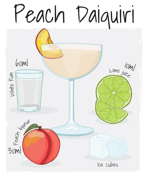 Vector peach daiquiri cocktail illustration recipe drink with ingredients