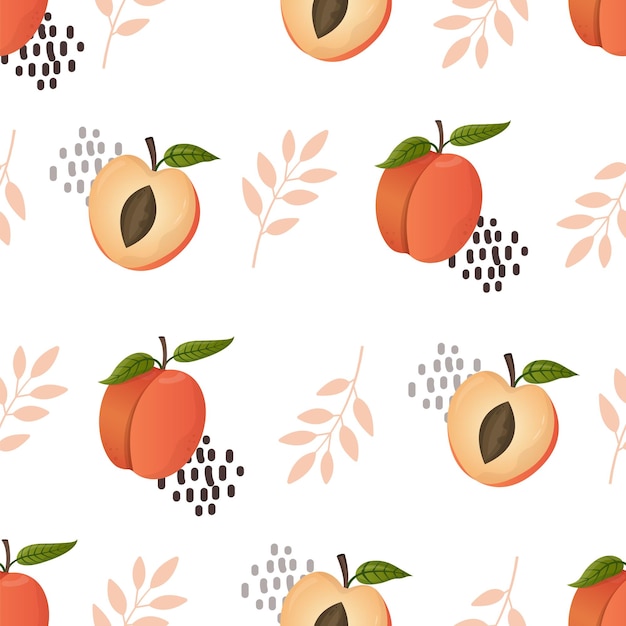 Peach fruit and plants seamless pattern Peach in cartoon style repeated backdrop Whole fruit and cut half Food template for background textile wrapping paper wallpaper Vector illustration