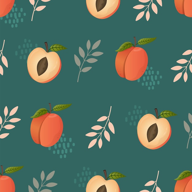 Peach fruit and plants seamless pattern Peach in cartoon style repeated backdrop Whole fruit and cut half Food template for background textile wrapping paper wallpaper Vector illustration