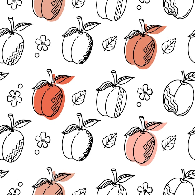 Peach fruit seamless pattern Peach with leaf hand drawn repeated backdrop