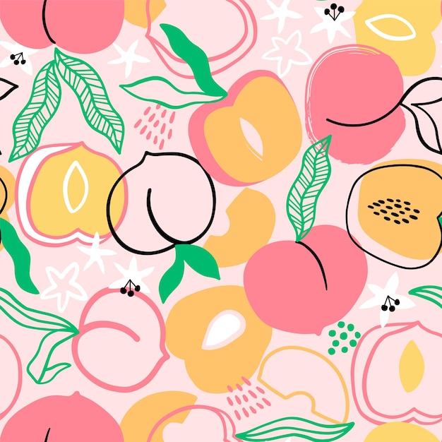 Peach fruit vector seamless pattern