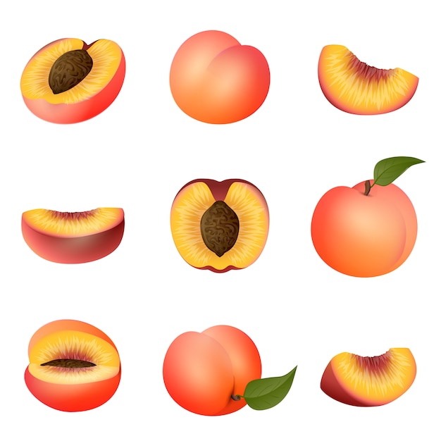 Peach icons set, cartoon style