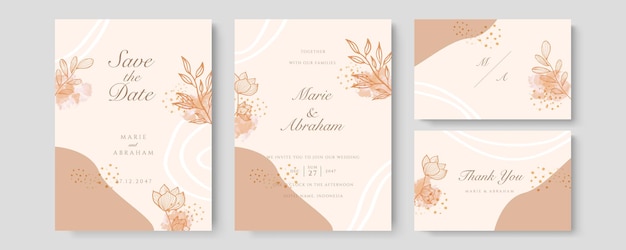 Peach luxury wedding invitation card vector. Invite cover design with watercolor blush and gold line texture