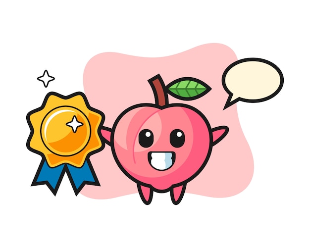 Peach mascot illustration holding a golden badge, cute style design for t shirt