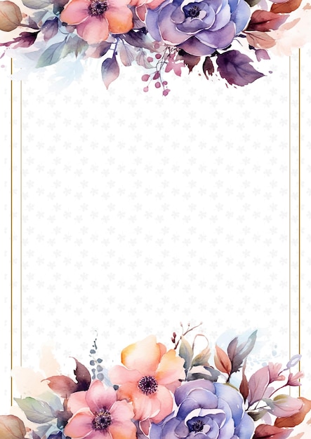 Peach pink and purple violet watercolor hand painted background template for Invitation with flora and flower