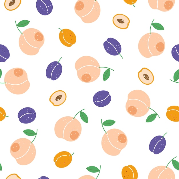 Peach plum and apricot seamless pattern Summer fruits on white background