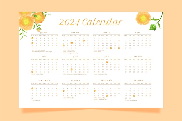 Peach Rose Flower Watercolor 2024 Calendar Templates